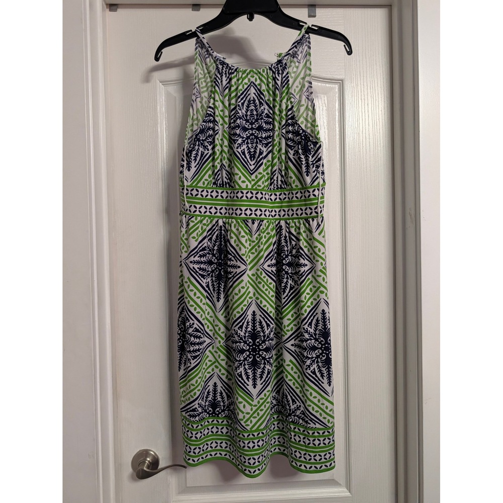 London Times Petites Green Navy Geometric Medallion Sleeveless Dress 10P